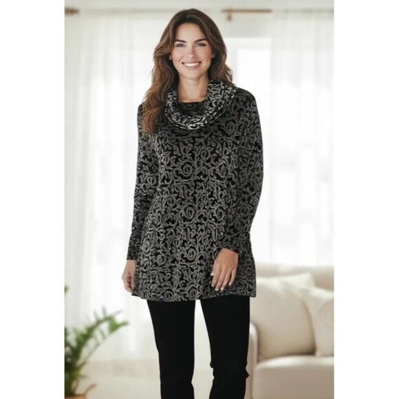 Black Silver Burnout Velvet Cowl Neck Tunic Top Long Sleeve Holiday Size 1X - Picture 1 of 8